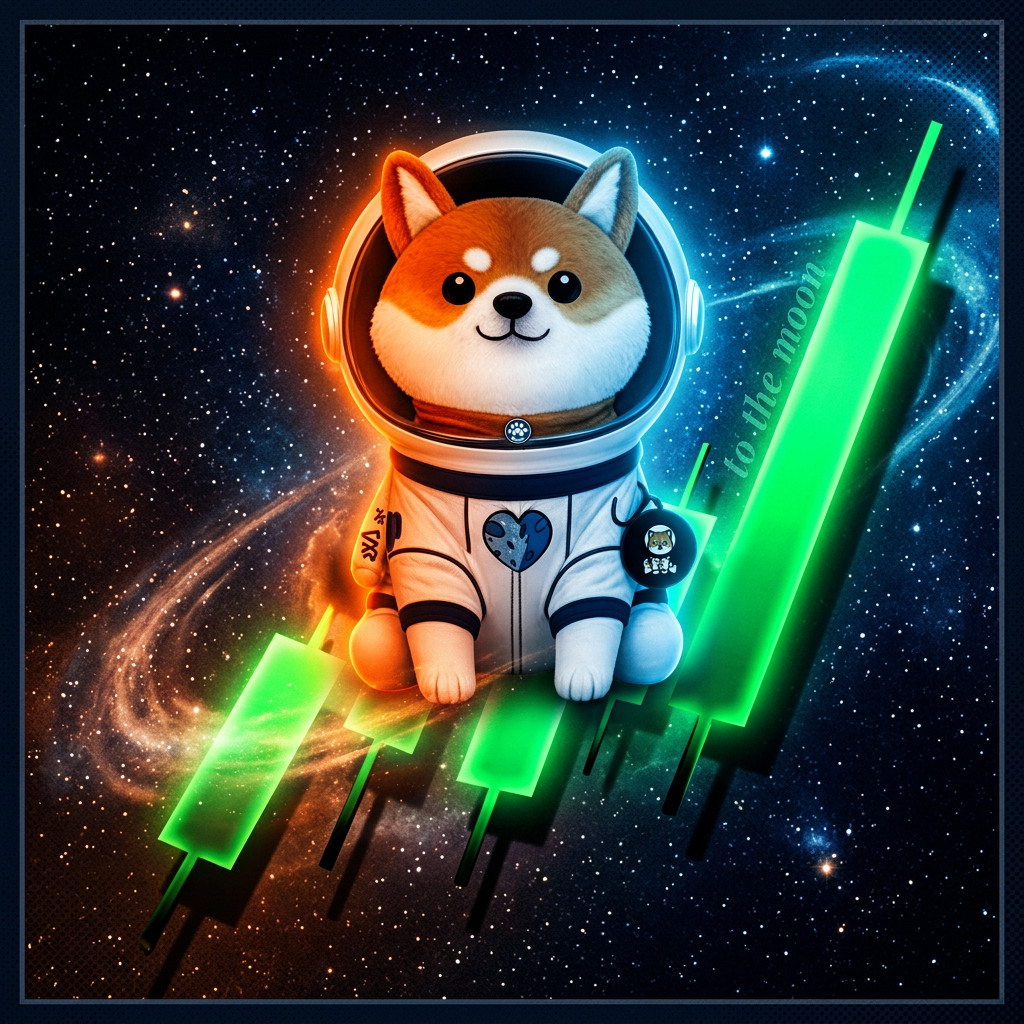 Asteroid the Shiba hugging a giant RWA coin at a rocket launch